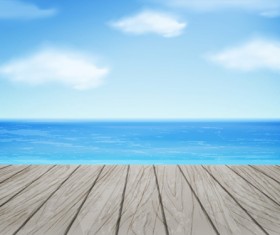 White cloud blue sky with wood board background vector set 09