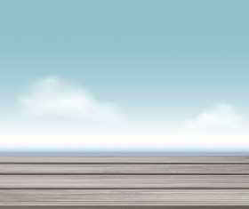 White cloud blue sky with wood board background vector set 10
