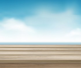White cloud blue sky with wood board background vector set 11