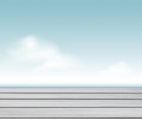 White cloud blue sky with wood board background vector set 12