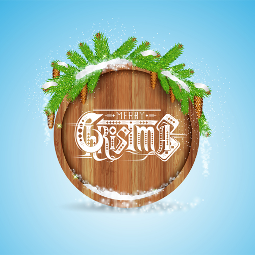 Wood barrel with christmas background design vector 01