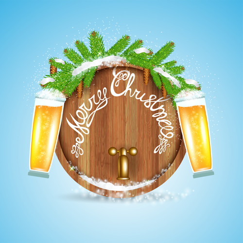 Wood barrel with christmas background design vector 03