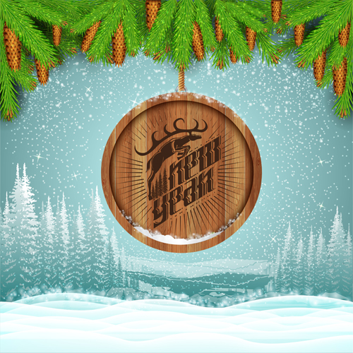 Wood barrel with christmas background design vector 09