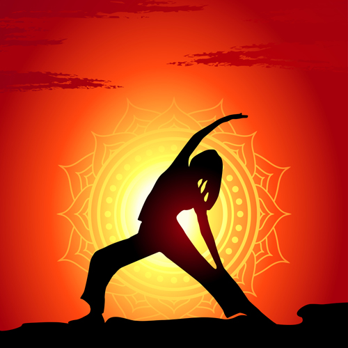 Yoga silhouetter with sunset background vectors 01