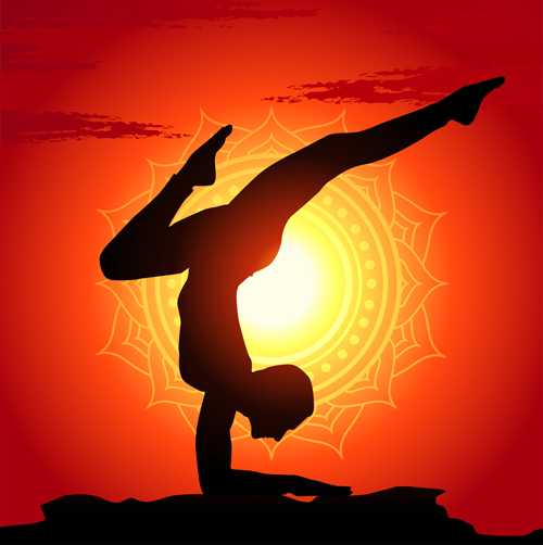 Yoga silhouetter with sunset background vectors 02