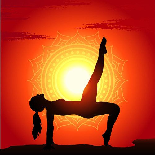 Yoga silhouetter with sunset background vectors 03