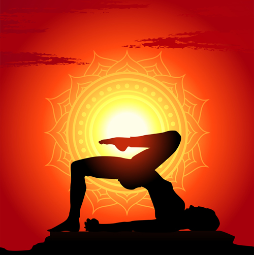 Yoga silhouetter with sunset background vectors 04