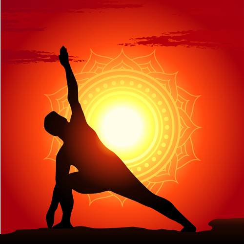 Yoga silhouetter with sunset background vectors 06