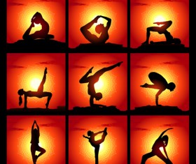 Yoga silhouetter with sunset background vectors 07
