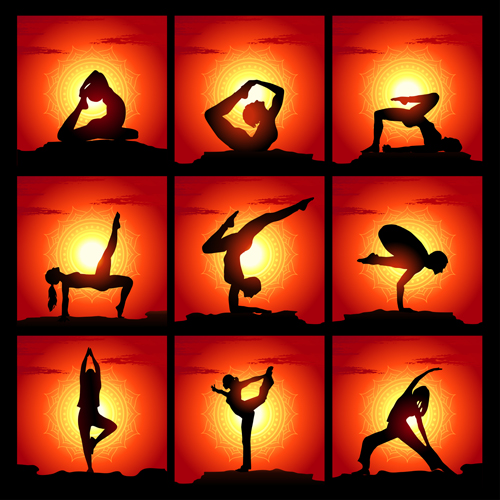 Yoga silhouetter with sunset background vectors 07