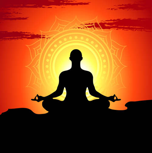 Yoga silhouetter with sunset background vectors 08