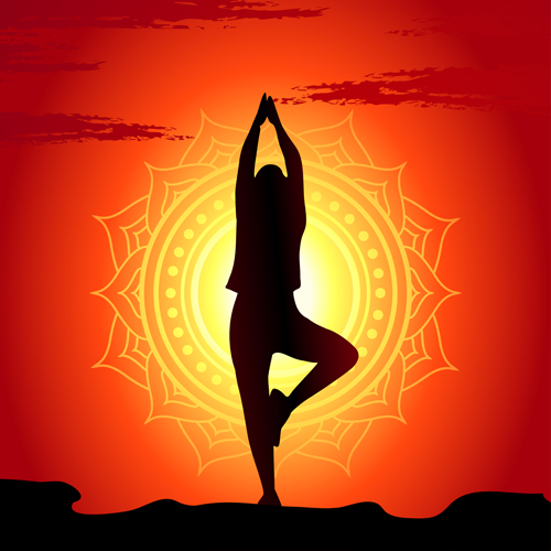 Yoga silhouetter with sunset background vectors 09