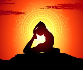 Yoga silhouetter with sunset background vectors 10
