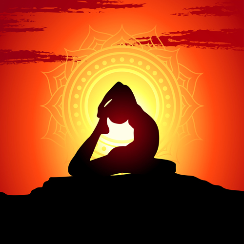 Yoga silhouetter with sunset background vectors 10