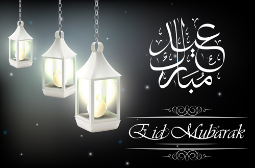 lamp with Eid mubarak background vector 04