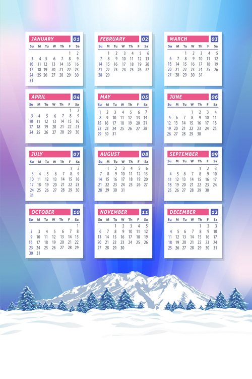2016 calendar with winter landscape vector 02