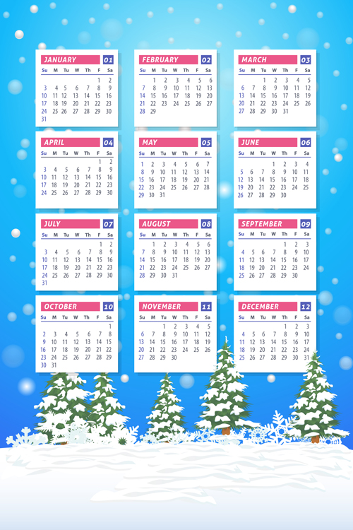2016 calendar with winter landscape vector 05