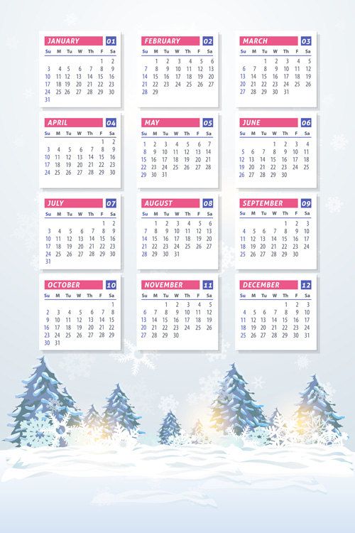 2016 calendar with winter landscape vector 06