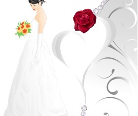 Beautiful bride and red rose wedding card vector 01
