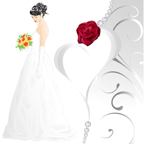 Beautiful bride and red rose wedding card vector 01