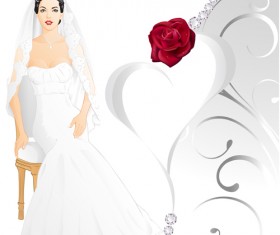Beautiful bride and red rose wedding card vector 03
