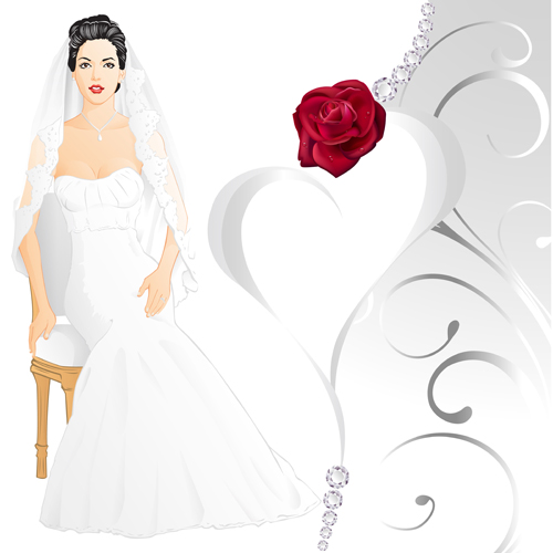 Beautiful bride and red rose wedding card vector 03