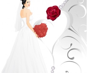 Beautiful bride and red rose wedding card vector 04