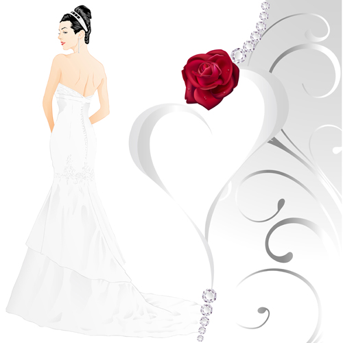 Beautiful bride and red rose wedding card vector 05