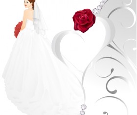 Beautiful bride and red rose wedding card vector 06