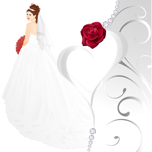 Beautiful bride and red rose wedding card vector 06