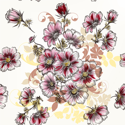 Beautiful seamless flowers pattern vectors material 01