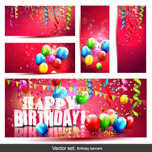Birthday banners with colored balloons vector