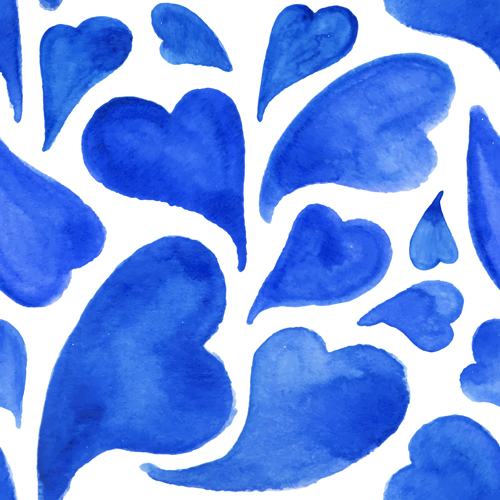 Blue watercolor heart seamless pattern vector