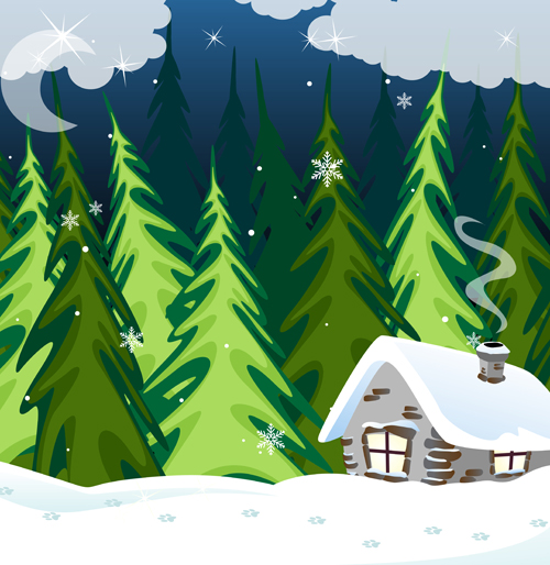 Cartoon house with winter landscape vector 01