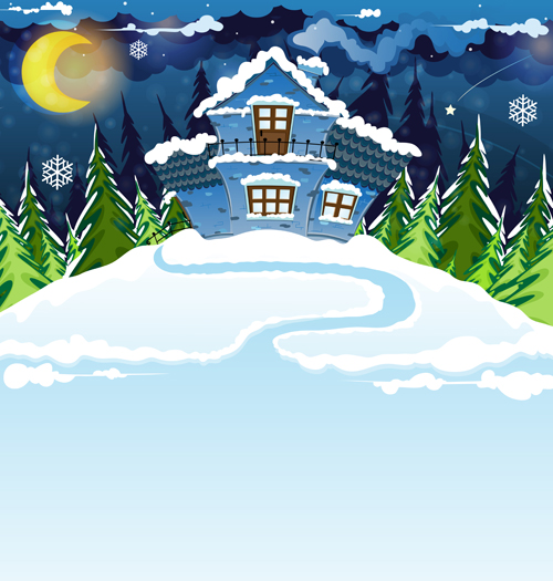 Cartoon house with winter landscape vector 03
