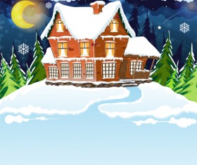 Cartoon house with winter landscape vector 04