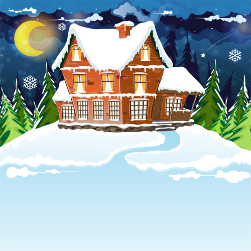 Cartoon house with winter landscape vector 04