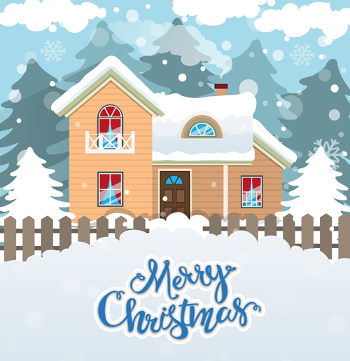 Cartoon house with winter landscape vector 05