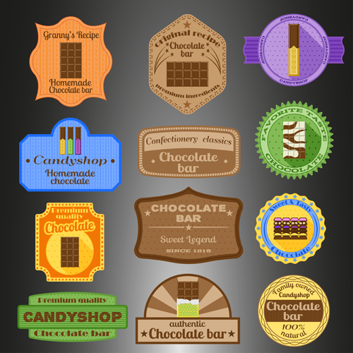 Chocolate badges with labels vector set