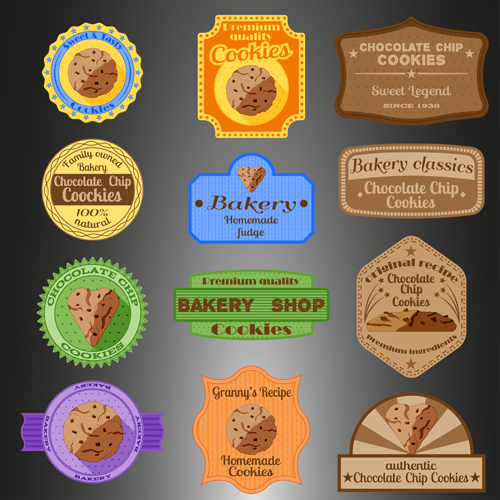 Chocolate chip cookies badges with labels vector set