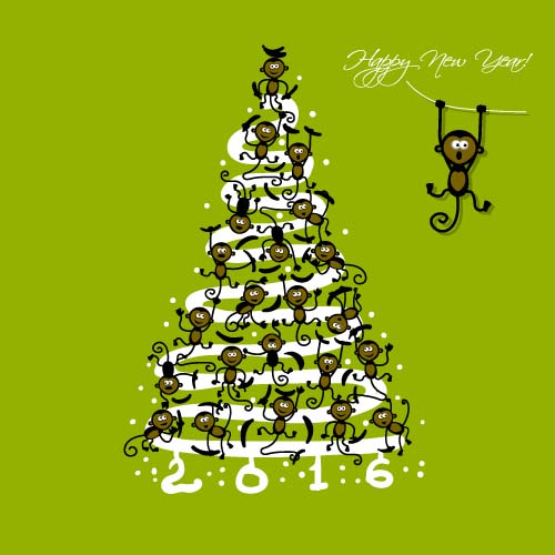 Christmas trees with monkeys new year vector 02