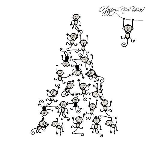 Christmas trees with monkeys new year vector 03