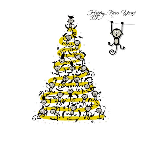 Christmas trees with monkeys new year vector 04