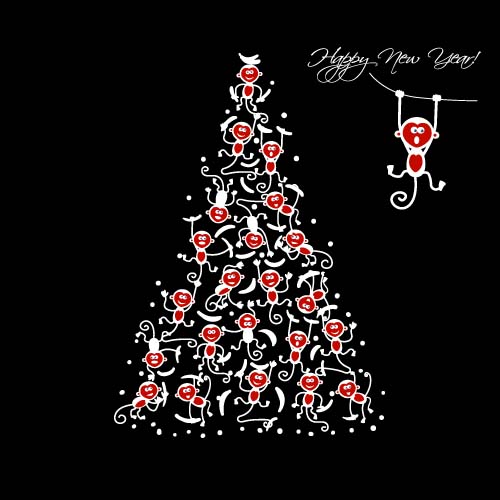 Christmas trees with monkeys new year vector 05