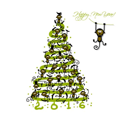 Christmas trees with monkeys new year vector 06
