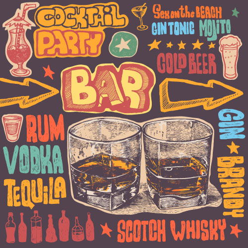 Cocktail party poster hand drawn vectors
