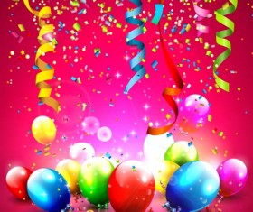 Confetti ribbon with colored balloons birthday background vector 01