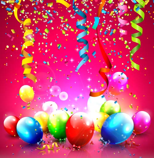 Confetti ribbon with colored balloons birthday background vector 01