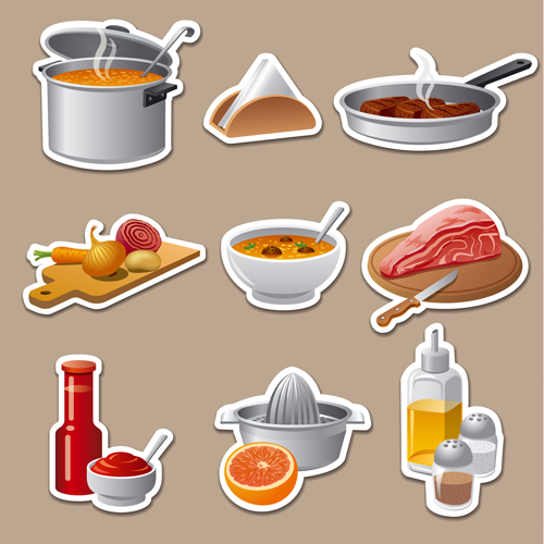 Cooking food stickers vector set