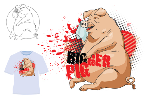 Cute bigger pig for T-shirt vector 05